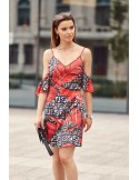 Strap dress with sleeves with red leaves, black PR3215 - Online store - Boutique